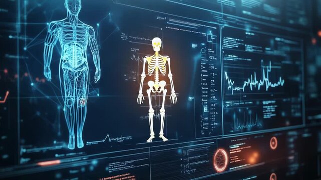 Futuristic medical software analyzing human body and skeleton with charts and data visualizations