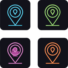 Neon Location Pin Icons with Heartbeat, Home, and Map Symbols on Dark Background