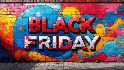 Obraz premium Vivid graffiti art featuring bold Black Friday lettering on a colorful brick wall