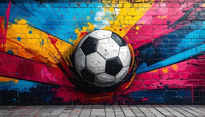 Vibrant soccer ball graffiti on a brick wall featuring bold colors and dynamic splatters