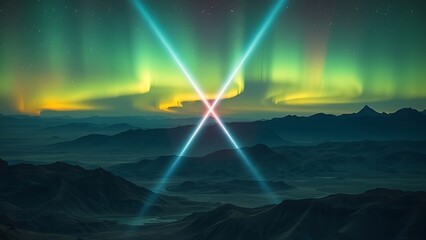 X-shaped cosmic auroras illuminate desert mountains, their intersecting beams creating quantum fractures in the sky.