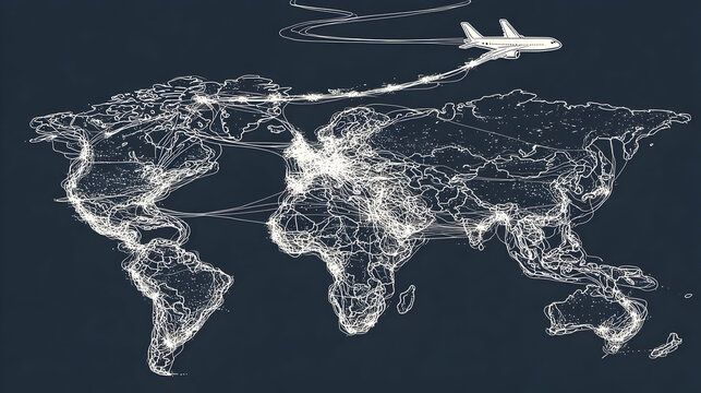 Stylized world map with airplane flight path illustration.