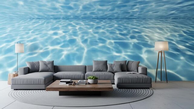 Modern living room with blue water reflection wallpaper and gray sectional