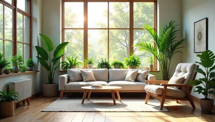 Serene office space with plants, calming light, and a mindfulness zone; ideal for promoting mindful business practices and stress reduction in the workplace ,  atmosphere,  interior design