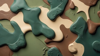 Fototapeta premium Assorted blobs of green, brown, beige, and teal paint layered and textured in an abstract pattern.