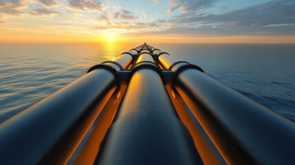 Offshore pipeline at sunset, powerful industry, transportation, future