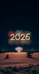 Spectacular fireworks display celebrating New Year 2026 in a snowy winter landscape at night