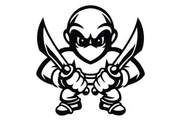 Cartoon Ninja with Swords Character in Black and White on White Background