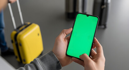 Person holds smartphone with green screen in airport terminal near yellow luggage, ready for travel planning