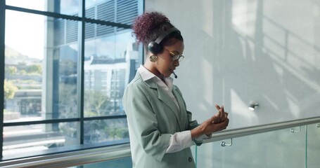 Headset, tablet and businesswoman in office with talking for company occasion with vendor contact. Digital technology, mic and female event coordinator with planning for schedule in workplace.