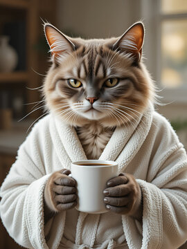 Portrait of a bad-tempered cat wearing a bathrobe and a cup of coffee in the morning. Typical morning grouch,