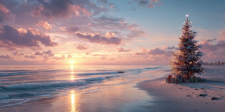 Beautiful sunset on a beach featuring a decorated Christmas tree and presents