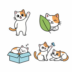Obraz premium Cute Orange and White Cat Illustrations: Waving, Playing with Leaf, Sleeping in Box, and Chasing Butterfly Vector Art for Kids