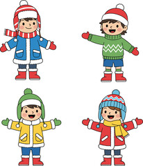 Happy kids in colorful winter clothes, warm jackets, hats, scarves, and gloves standing with open arms on white background.