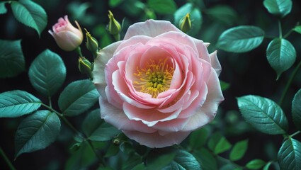 Pink flower blooming among green leaves, with several buds surrounding it. Close-up of a floral bloom. Nature and botany, floral beauty, and blooming plants.