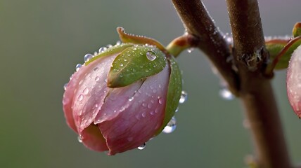 Fototapeta premium Closeup of a single apple blossom bud still tightly closed with morning dew drops nature spring growth floral botanical delicate