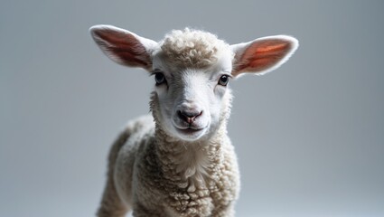 A cute lamb with curly wool and large ears facing the camera, set against a neutral gray background.