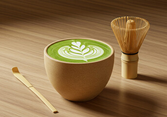 Descriptive Name: Matcha Latte: A serene image of a matcha latte with foam art in a ceramic cup, placed on a wooden table next to a traditional bamboo whisk and spoon.