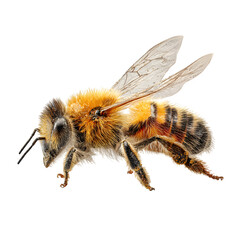 Yellow hairy bee displays fine details on black background, perfect for biology projects, educational material, and nature publications.