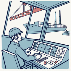 Fototapeta premium Dockworker Operating a Ship in a Control Room