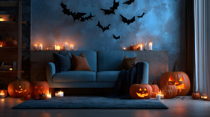 Spooky living room corner decorated with glowing pumpkins and shadow bats, rim lighting with candle glow, wide HDR range, warm rustic charm, complementary orange-blue palette,