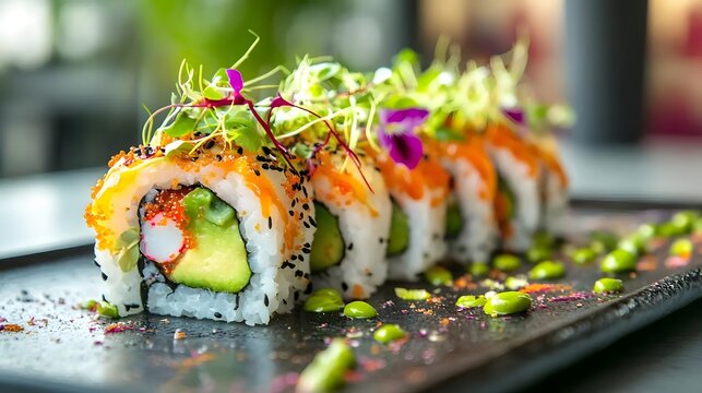 Handcrafted Sushi Roll Garnished with Microgreens and Edible Flowers