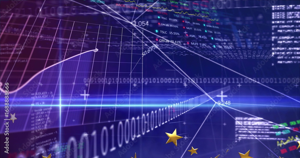Poster showing curved graph on grid in virtual space, with binary streams, numeric overlays and gold stars
