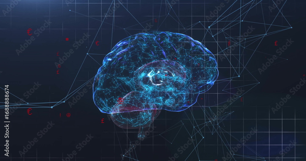 Poster floating brain hologram displaying glowing neural paths in cyberspace, with red currency symbols