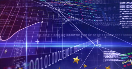 Showing curved graph on grid in virtual space, with binary streams, numeric overlays and gold stars