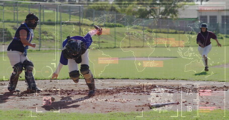 Bracing catcher wearing helmet and chest protector catching baseball at home plate, with mitt