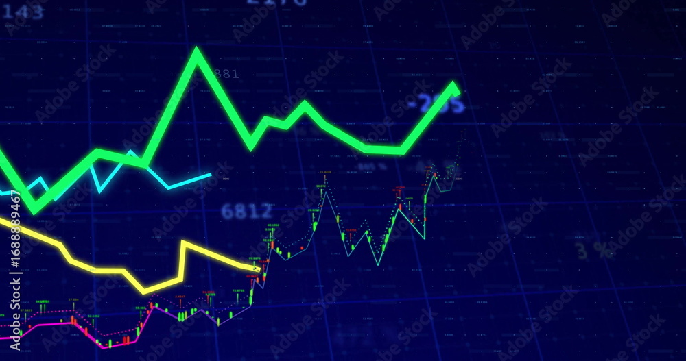 Poster displaying neon green line graph trending upward on monitor, with yellow line and grid labels