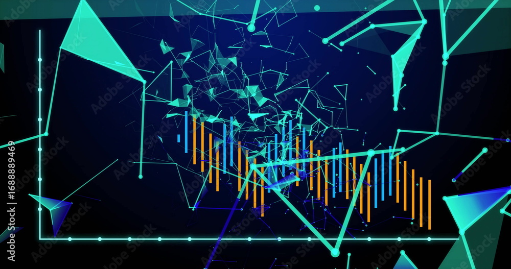 Fototapete central data visualization graph floating in digital space, with cyan network nodes and orange bars