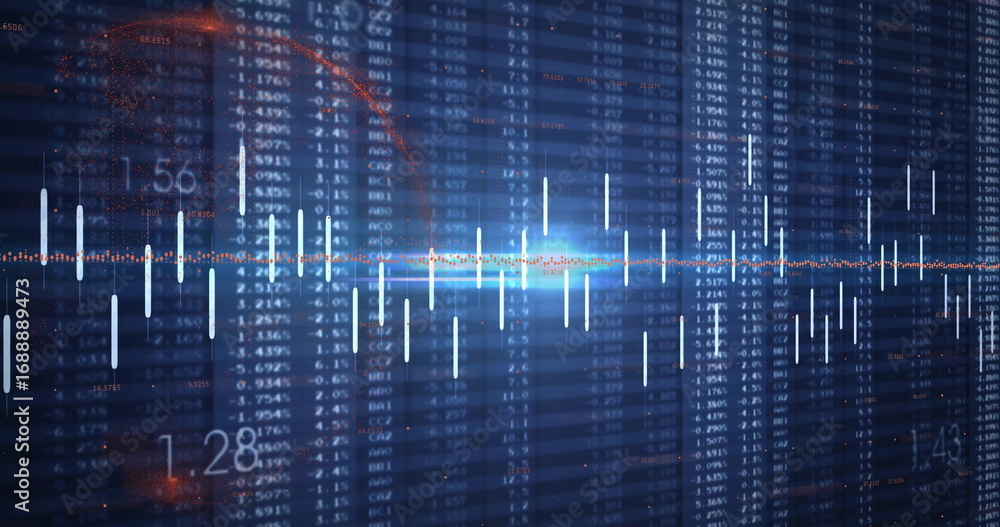 Poster displaying candlestick chart bars rising on blue grid, showing glowing axis line and data columns