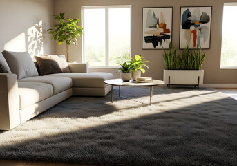 Bright and airy contemporary living room interior with a plush shag carpet basking in natural sunlight from large windows