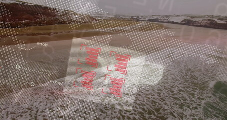 Sandy beach shoreline rolling ocean waves in drone view with rocky cliffs, red boxes, dotted map