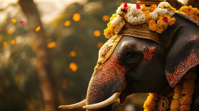 Indian temple elephant adorned for ritual 