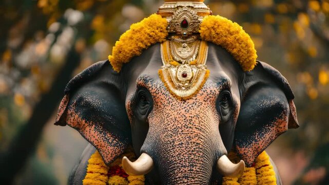 Indian temple elephant adorned for ritual 