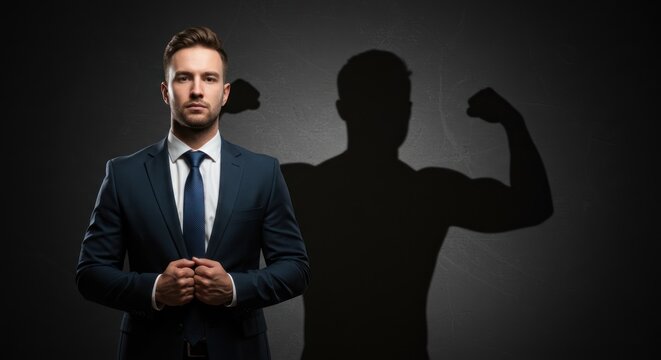 Man in suit with shadow depicting muscular arm strength and confidence.