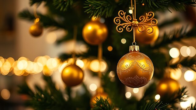 A festively decorated tree adorned with golden ornaments, surrounded by twinkling holiday lights.