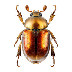 Gold metallic beetle shines, displays its exoskeleton details on a black surface. For use as a scientific illustration, product detail, or insect study.