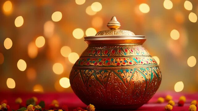 Decorated pot used in Karva Chauth ritual, soft decorative background