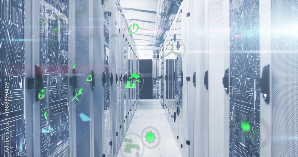 Aufkleber data center corridor featuring server racks with circuit panels and floating green icons