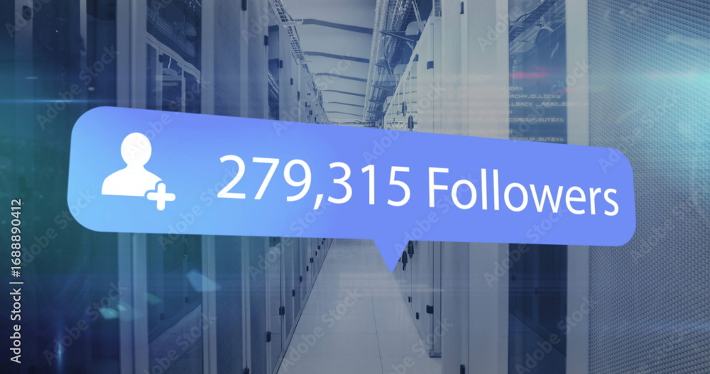 Poster displaying followers overlay floating over server aisle with racks, raised floor and cables