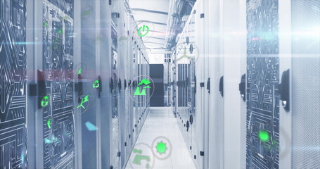 Data center corridor featuring server racks with circuit panels and floating green icons