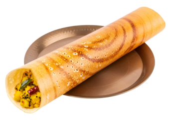 A crispy, golden-brown dosa, filled with savory spiced vegetables, rests on a metallic plate against a black background.