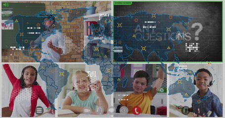 Hosting teacher presenting map slide to students raising hands with headsets at home, copy space