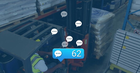 Operator in vest operating forklift in warehouse with planning board bubbles showing 62, copy space