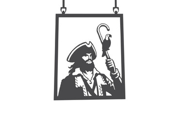 Hanging of Dark Pirate Silhouette Holding Parrot on White Background