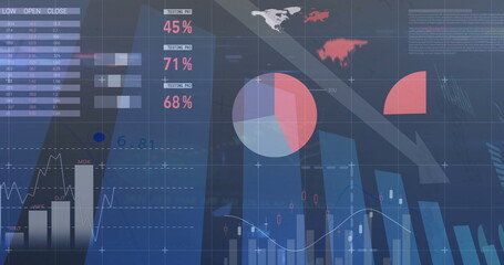 Displaying dashboard at trading platform with table headers, data charts, pie chart and heatmap