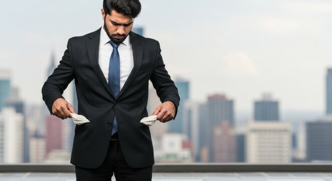 Man in suit shows empty pockets cityscape background financial trouble concept.